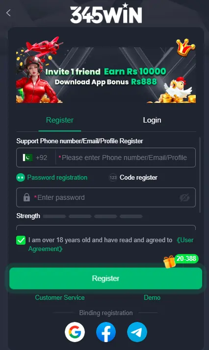 345Win Game signup page