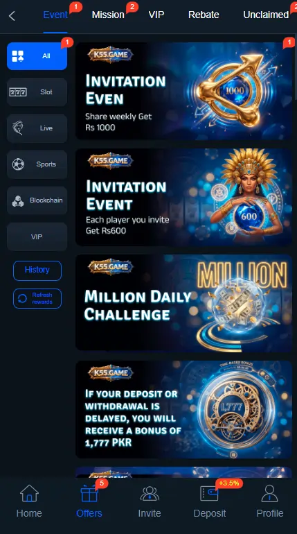 K55 Game welcome bonus