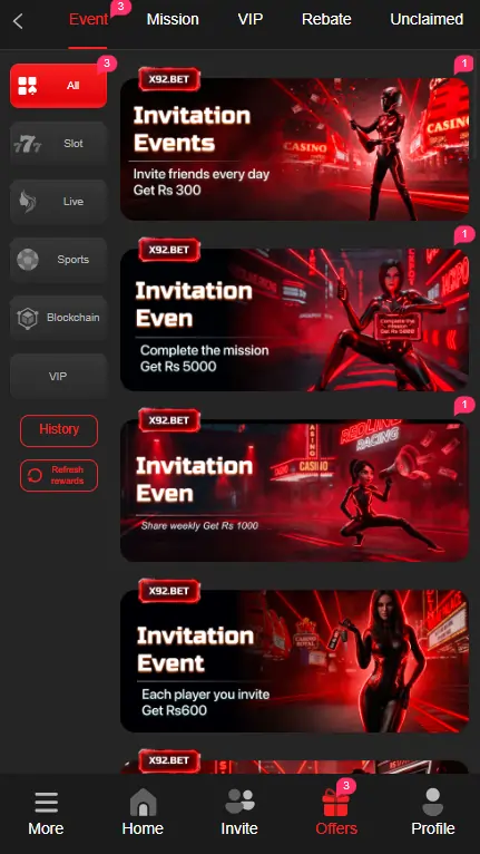 Casino bonus reward page