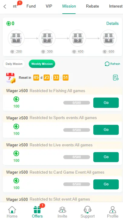 Casino bonus rewards screen