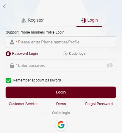 Account registration screen