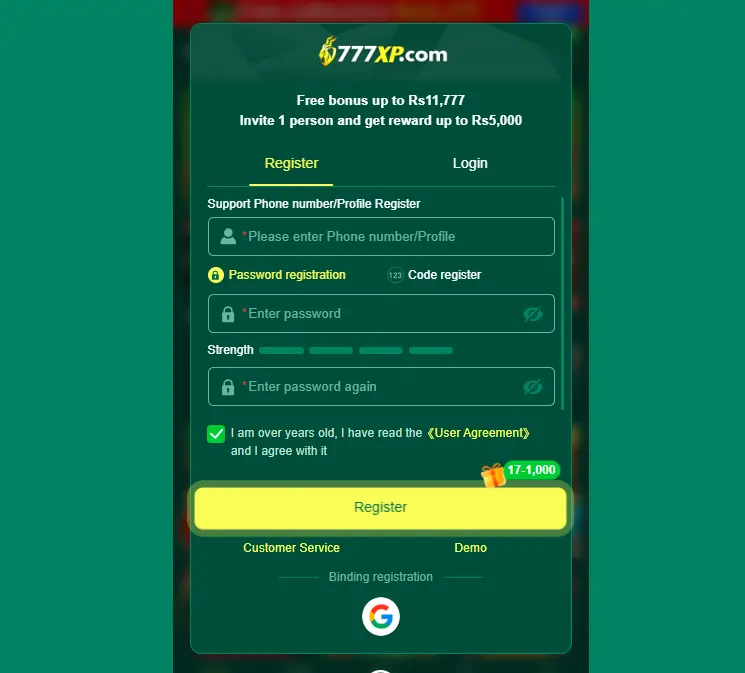 777XP Game Download and Login Steps Screen