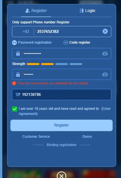 Screenshot of the Boombet login interface on a mobile device, showing username and password fields.