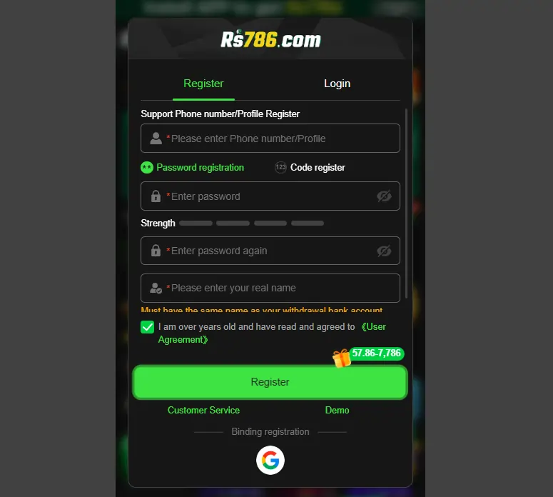 RS786 Game Regestration