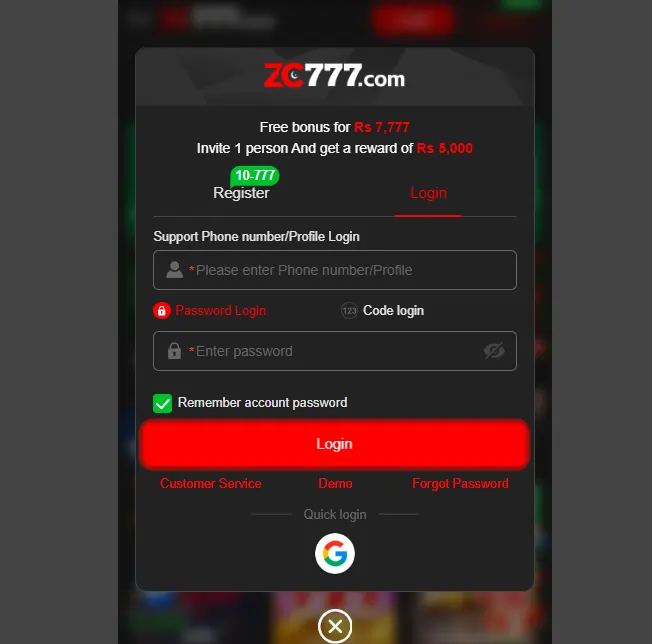 ZC777 Game Login-Regestration